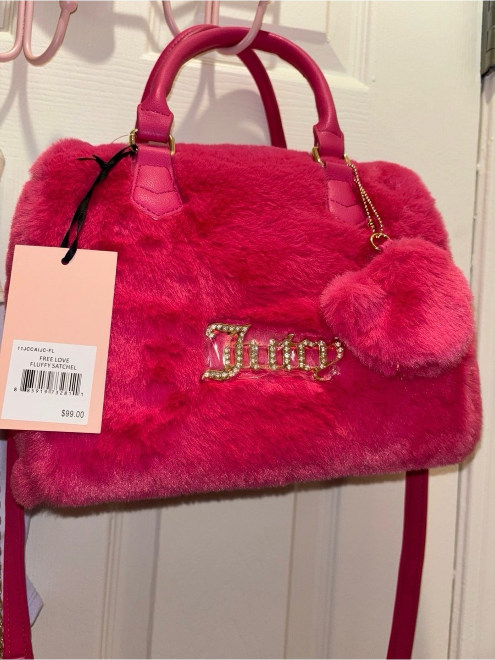 Juicy Couture Plush Satchel with Heart Pom-Pom - Coral Pink